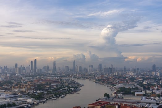 Cityscape of Bangkok at sunrise with View of Grand Palace and Chao Phraya River From Above photo