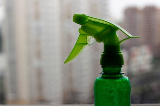 Green sprayer for home plants and flowers closeup, horizontal photo on blurred background. Single design element with empty space for text, plastic bottle, gardening accessory