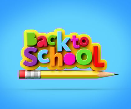 Back to school banner flying Pencil rocket on bright blue background 3d illustration photo
