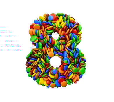 Digit 8 of multicolored rainbow candies Festive isolated on white background Eight Letter 3d illustration photo