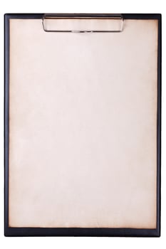 Old brown paper on clipboard on white background photo
