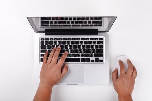Top view of Businessman working at office desk. Computer, laptop photo