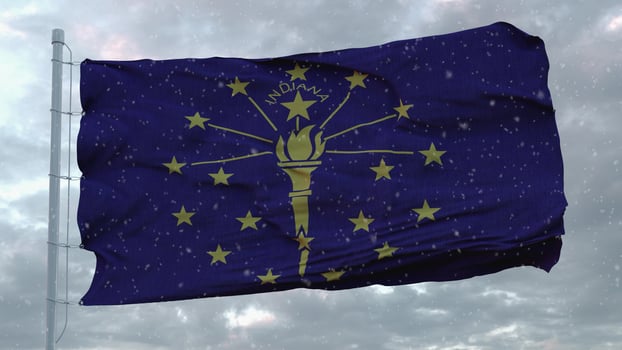 Indiana winter flag with snowflakes background. United States of America. 3d illustration photo