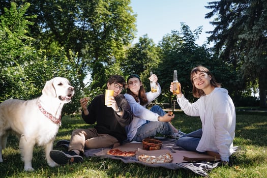 Company of beautiful young people and dog having an outdoor lunch. photo