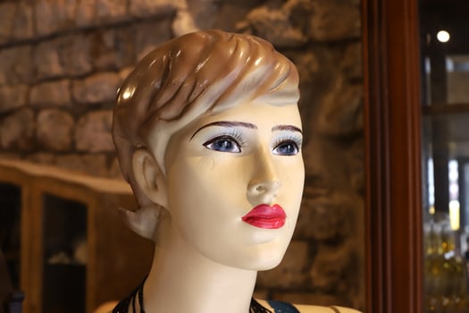 A mannequin stands on a showcase in a store. photo