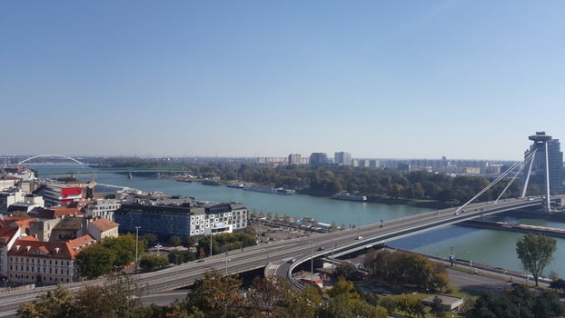 High Angle view of River and Bridge at Bratislava-Stare Mesto, Slovakia photo
