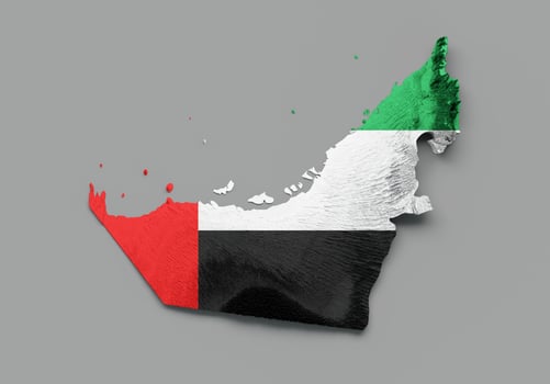 Dubai Map Flag Shaded relief Color Height map on white Background 3d illustration photo