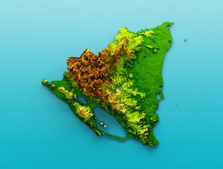 Nicaragua Map Shaded relief Color Height map on the sea Blue Background 3d illustration photo