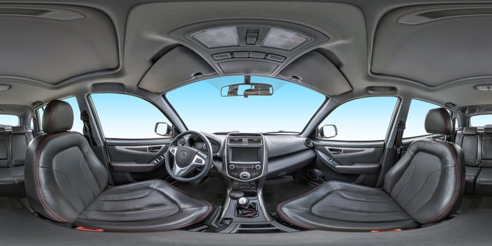 360 angle panorama view in interior salon of prestige modern car. Full 360 by 180 degrees seamless equirectangular equidistant spherical panorama. vr ar content photo