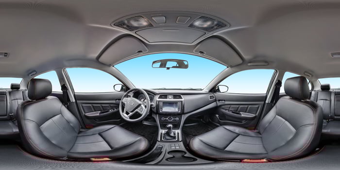 360 angle panorama view in interior salon of prestige modern car. Full 360 by 180 degrees seamless equirectangular equidistant spherical panorama. vr ar content photo