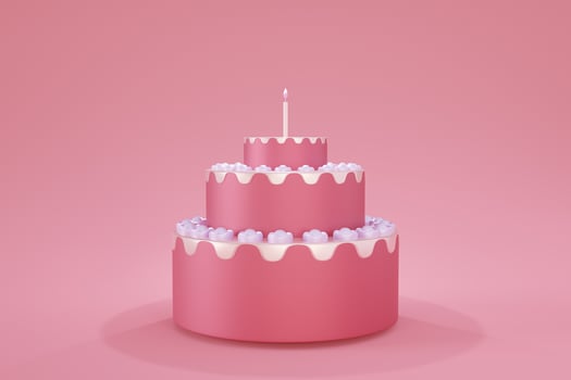 Cute birthday cake 3d rendering pink color 3 floors with a candle, Sweet cake for a surprise birthday, mother's, Day, Valentine's on a pink background photo