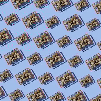 Seamless pattern of shopping baskets big and small with quail eggs on blue background. Top view. Website background. photo