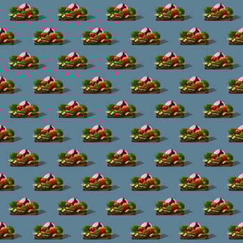 Seamless pattern of healthy vegetables on round wooden board isolated on gray background. photo