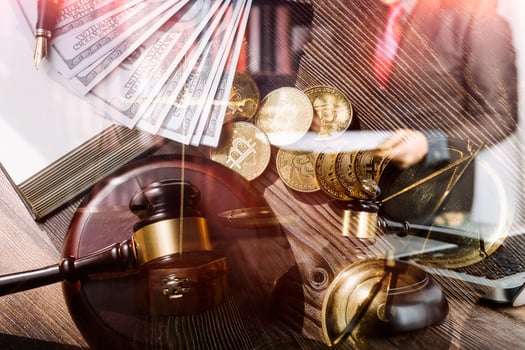 Business and lawyers discussing contract papers with brass scale on desk in office. Law, legal services, advice, justice and law concept picture with film grain effect photo