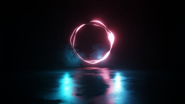 3D rendering. Neon light flows in abstract concrete floor room. photo