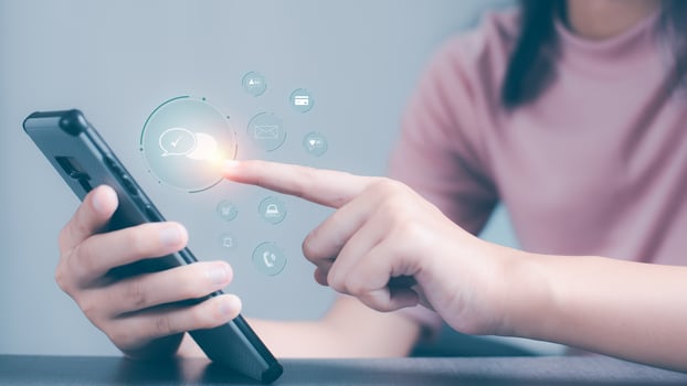 A young woman expresses her opinions through social media, social networks via smartphones with digital communication technology. Make people follow more messages, multimedia, information. photo
