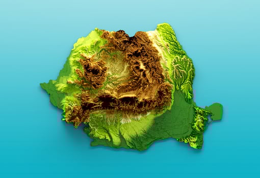 Romania Map Shaded relief Color Height map on the sea Blue Background 3d illustration photo