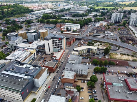 Aerial view and high angle footage of City Centre of British Town Luton England UK. photo