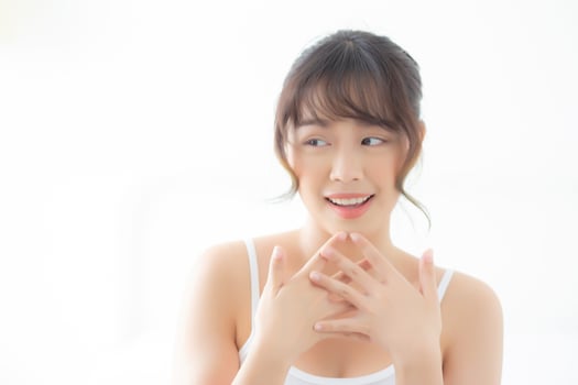 Beautiful portrait young asian woman smiling gesture surprise and excited, asia girl expression with cheerful and happy, female thinking and amazed with copy space, lifestyle and emotion concept. photo