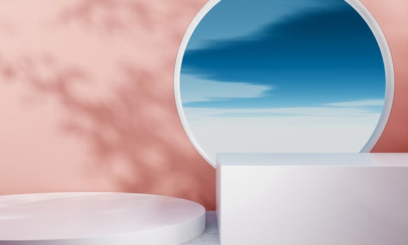 Empty room in pink and white pastel tone podium with tree leaves shadow and blue sky window and cloud background. Abstract and nature concept. 3D illustration rendering photo