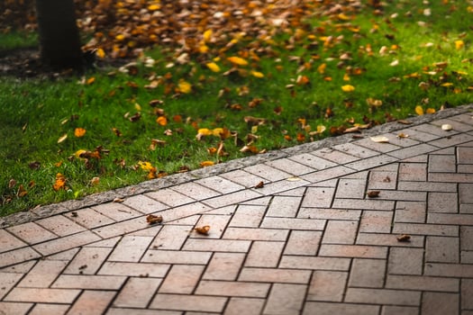 Background texture of landscaping alleys among green grass and leaves photo