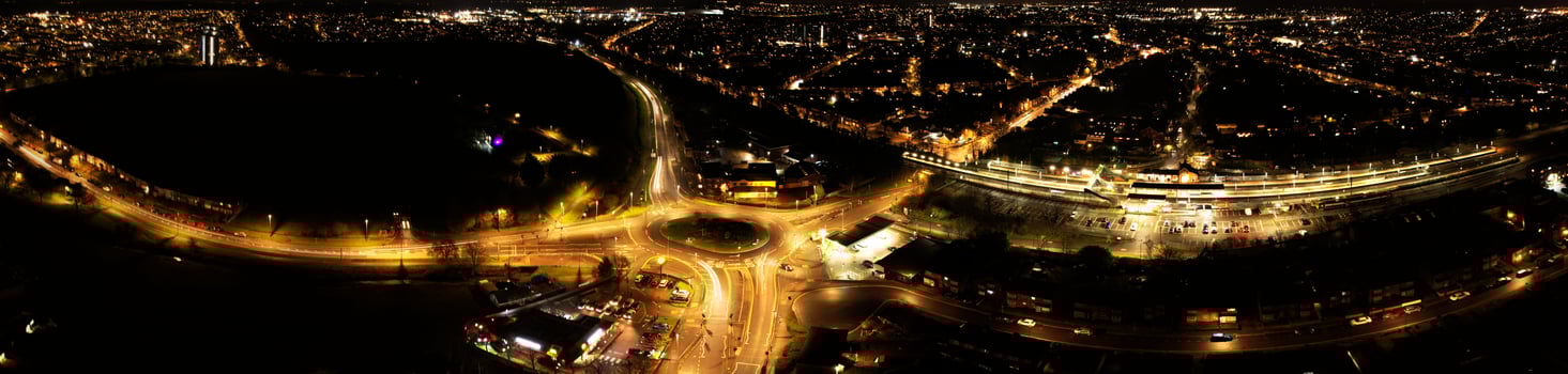 Beautiful Night Aerial View of British City, High Angle Drone's Footage of Luton Town of England UK photo