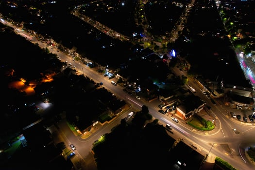 Beautiful Night Aerial View of British City, High Angle Drone's Footage of Luton Town of England UK photo