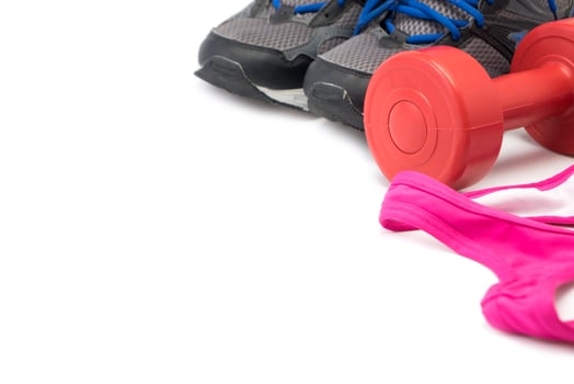 Fitness equipment for healthy lifestyle on white table photo