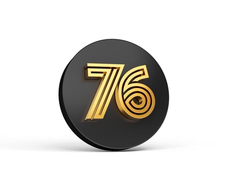 Royal Gold Modern Font. Elite 3D Digit Letter 76 Seventy six on Black 3d button icon 3d Illustration photo