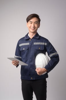 Portrait of male engineer wearing a protective helmet over white background studio. photo