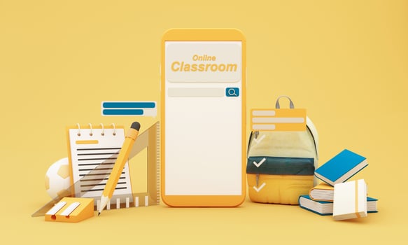 Back to school join to online learning with school supplies and equipment. laptop computer screen with phone and school accessories and textbooks on yellow and blue background. cartoon -3D Rendering photo