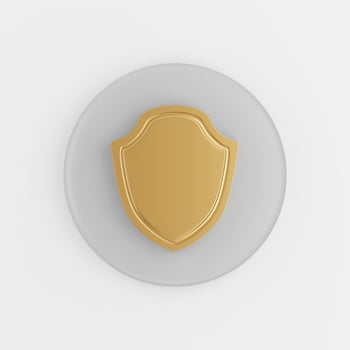 Flat outline golden shield icon. 3d rendering round gray key button, interface ui ux element. photo