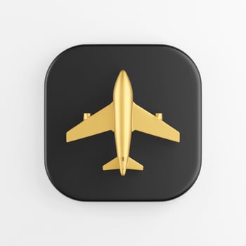 Golden plane icon. 3d rendering black square key button, interface ui ux element. photo