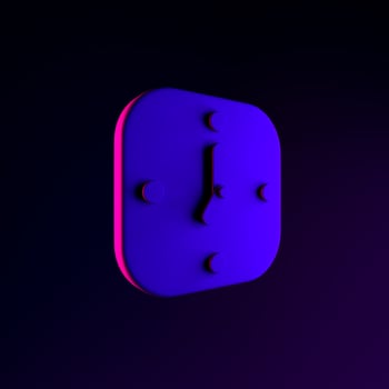 Neon wall square clock icon. 3d rendering ui ux interface element. Dark glowing symbol. photo