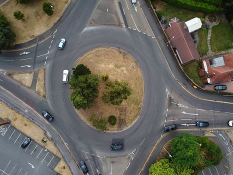 High Angle Aerial view of British Roads and High Speed Motorways at Luton City of England UK photo