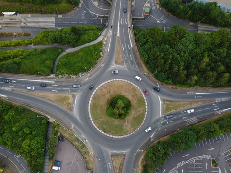 High Angle Aerial view of British Roads and High Speed Motorways at Luton City of England UK photo