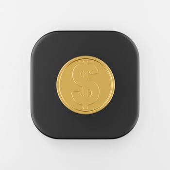 Dollar gold coin icon in cartoon style. 3d rendering black square button key, interface ui ux element. photo