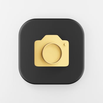 Gold photo camera icon in flat style. 3d rendering black square button key, interface ui ux element.