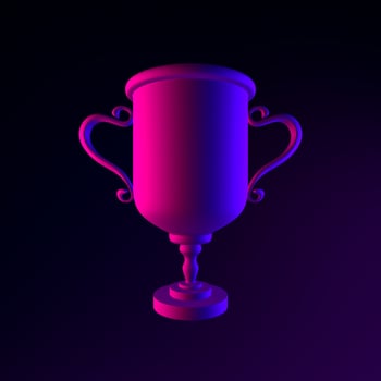 Winner neon cup icon. 3d rendering ui ux interface element. Dark glowing symbol. photo