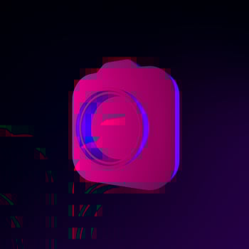 Neon photo camera icon. 3d rendering ui ux interface element. Dark glowing symbol.