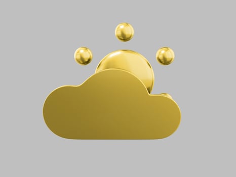 Golden single color cartoon sun behind cloud front view on gray monochrome background. Minimalistic design object. 3d rendering icon ui ux interface element. photo
