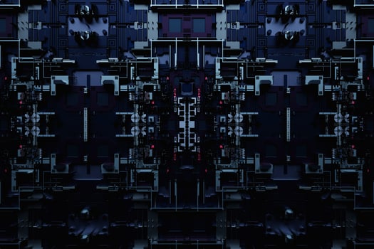 Detail of a futuristic  machine. 3D illustration of a futuristic wall made of various details. photo