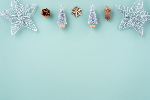 Top view of Christmas holiday background. Composition of festive ornament decor flatlay. photo