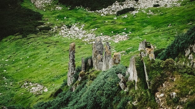 Beautiful mountain landscape of the Carpathians, green mountains and Shpytsi cliffs photo
