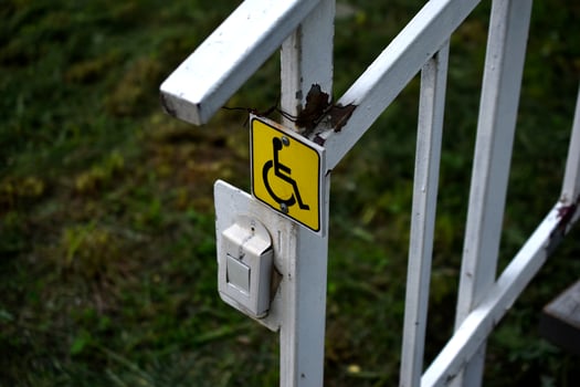 An inclusive approach to the building and the disabled sign. A call to call for assistance to the disabled. photo