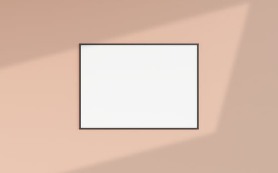 Clean and minimalist front view horizontal black photo or poster frame mockup hanging on the wall with shadow overlay. 3d rendering.