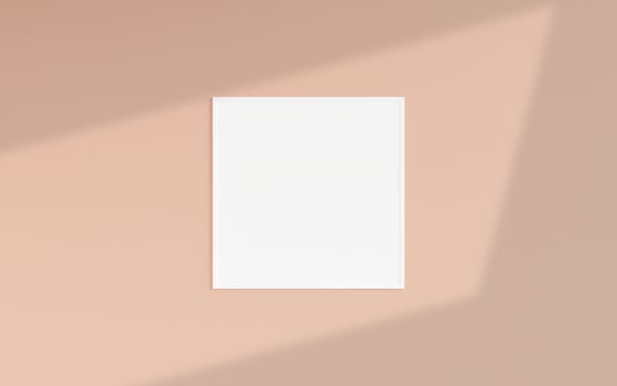 Clean and minimalist front view square white photo or poster frame mockup hanging on the wall with shadow overlay. 3d rendering.