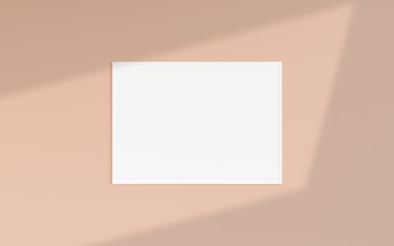 Clean and minimalist front view horizontal white photo or poster frame mockup hanging on the wall with shadow overlay. 3d rendering.