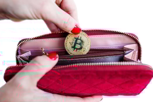 virtual money golden bitcoin on pink women fabric purse. fingers with red nails on a coin isolated on white background photo