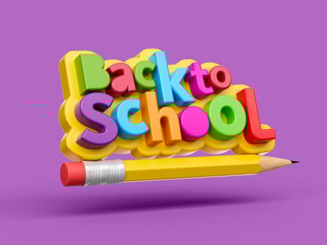 Back to school colorful 3d letters on purple background with flying pencil 3d illustration photo